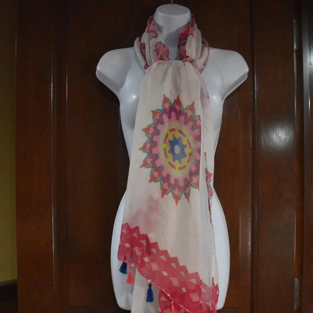 Boho Floral Tassel Scarf Shawl Red Pink White Sheer Lightweight Gypsy Chic